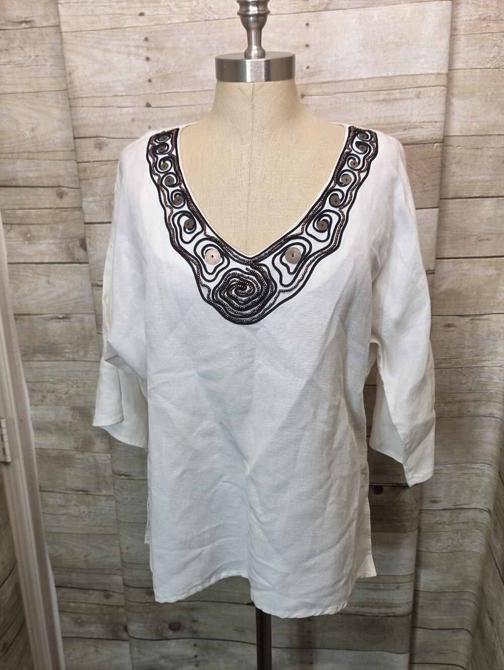 Michael Kors White Tunic with Black Embroidered V-Neck Detail